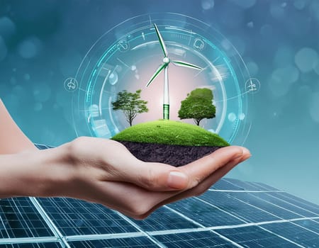 Wind turbine on human hand in front of the sky (Digital Composite)
