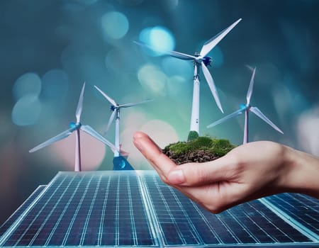 Wind turbine on human hand in front of the sky (Digital Composite)