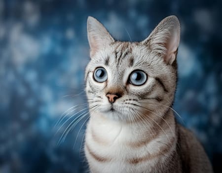 Close-up cat portrait against futuristic blue background