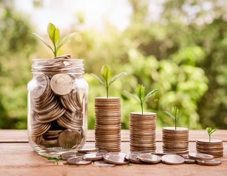 Coins stacked next to each other against a bright green background. Concept wealth, money growth