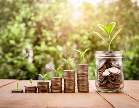 Coins stacked next to each other against a bright green background. Concept wealth, money growth