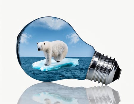 Polar bear in light bulb sinks into the water because the polar ice is melting. Save polar bears. Global warming concept