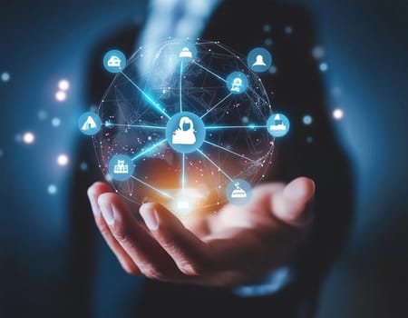 Hand holds virtual global internet connection metaverse. Application technology for global internet connections and digital marketing, finance and banking, digital connection technology, big data.