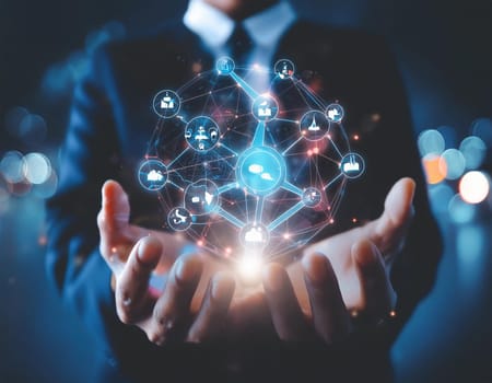 Concept of social media communication and digital online. People use smartphones and play with online social media, online marketing, technology, chat, post, like, follow icons on phone screen