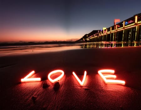 Word “Love” as neon lights on a Bridge