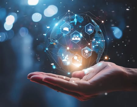 Hand holds virtual global internet connection metaverse. Application technology for global internet connections and digital marketing, finance and banking, digital connection technology, big data.