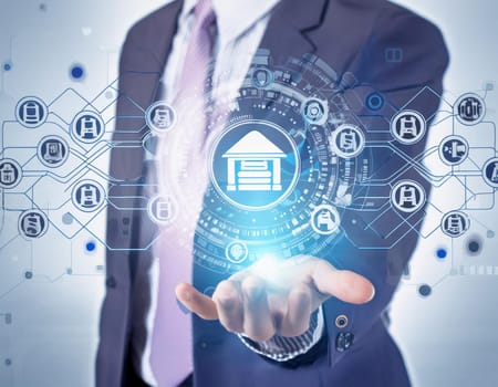 Hand holds virtual global internet connection metaverse. Application technology for global internet connections and digital marketing, finance and banking, digital connection technology, big data.