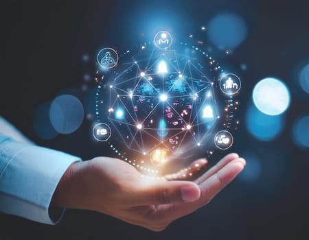 Hand holds virtual global internet connection metaverse. Application technology for global internet connections and digital marketing, finance and banking, digital connection technology, big data.
