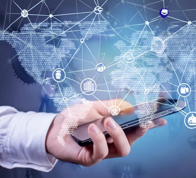 Hand holds virtual global internet connection metaverse. Application technology for global internet connections and digital marketing, finance and banking, digital connection technology, big data.
