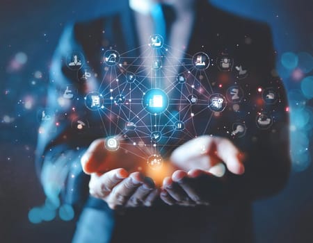 Hand holds virtual global internet connection metaverse. Application technology for global internet connections and digital marketing, finance and banking, digital connection technology, big data.