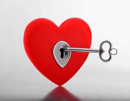 Small hand carved red heart with gold key on rustic wooden table - the key to your heart concept