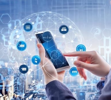 Hand holds virtual global internet connection metaverse. Application technology for global internet connections and digital marketing, finance and banking, digital connection technology, big data.