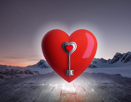 Small hand carved red heart with gold key on rustic wooden table - the key to your heart concept
