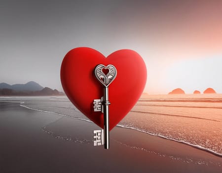 Small hand carved red heart with gold key on rustic wooden table - the key to your heart concept