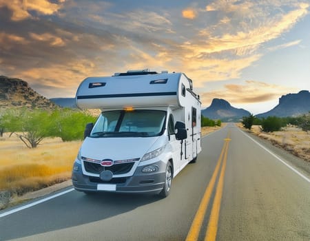 Motorhome camper van on American road. Explore the USA. vacation trip vacation. Motor home, caravan on a road. Caravan camper trailer on the road in America