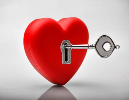Small hand carved red heart with gold key on rustic wooden table - the key to your heart concept
