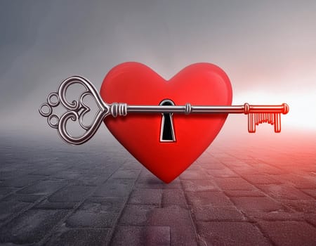 Small hand carved red heart with gold key on rustic wooden table - the key to your heart concept