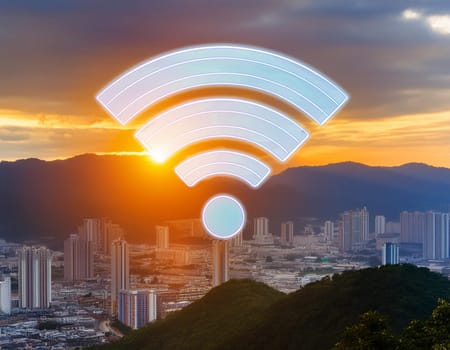 Wi-Fi network symbol. Wi-Fi sign with binary code. WiFi access, WiFi hotspot signal icon. Cellular connection zone. Data transfer. Router or mobile transmission.