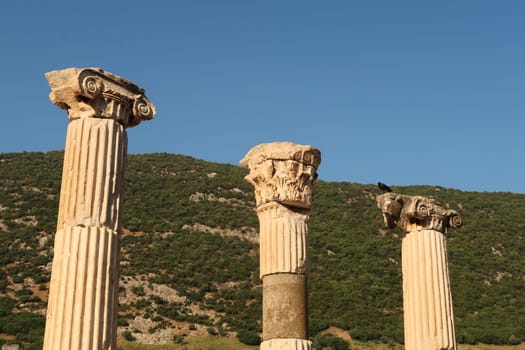 Three pillars of the Agora at the archaeological site of Ephesus, Selcuk, Turkey 2022