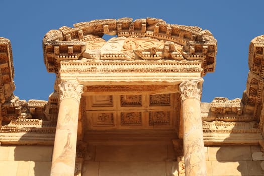 One of the little roofs of the elaborate facade of the Library of Celsus at Ephesus, Selcuk, Turkey 2022