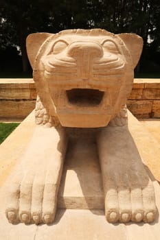 One of the stone statues, sculptures that forms the Road of Lions at the Anitkabir monument, complex, memorial, Ankara Turkey 2022