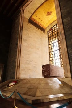 The tomb, grave, coffin of Mustafa Kemal Atatürk, Ataturk, founding father and first president of the Republik of Turkey, displayed in the Hall of Honor, a mausoleum inside the Anitkabir monument, memorial, complex, Ankara, Turkey 2022