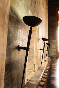 The artistic black metal lamps inside the Hall of Honor, the mausoleum that houses the tomb, grave, coffin of Mustafa Kemal Atatürk, Ataturk at the Anitkabir monument, memorial, complex, Ankara, Turkey 2022