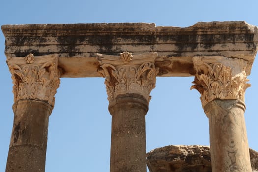 Three pillars at the archaeological site of Ephesus, Selcuk, Turkey 2022