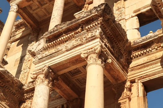 Close up of the elaborate facade of the Library of Celsus at Ephesus, Selcuk, Turkey 2022