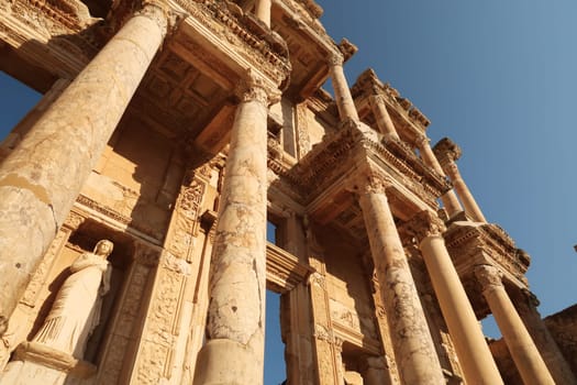 The elaborate facade of the Library of Celsus at Ephesus with the statue of Arete, Selcuk, Turkey 2022