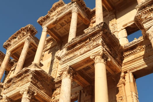 The upper part of the elaborate facade of the Library of Celsus at Ephesus, Selcuk, Turkey 2022