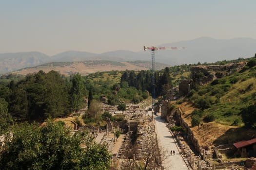 View onto the Marble Street and the Theater Amphitheater at Ephesus near Selcuk, Turkey 2022