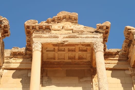 Little roof of the elaborate facade of the Library of Celsus at Ephesus, Selcuk, Turkey 2022