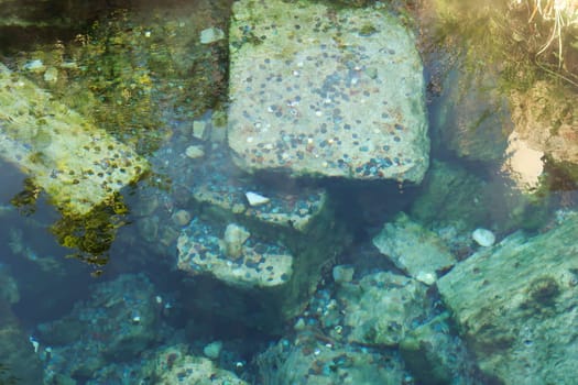 Coins gathering in one area of the famous Cleopatra Pool at Pamukkale, Denizli, Turkey 2022