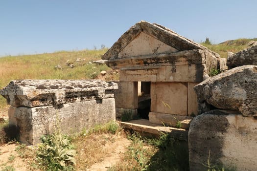 Tomb and two Sarcophagus Sarcophagi at the upper Necropolis of the ancient site of Hierapolis, Pamukkale, Denizli, Turkey 2022