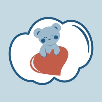 Cute blue bear in kawaii style holding a heart. Minimalistic postcard. Sticker. Concept of love, family, Mother's Day. Vector image.