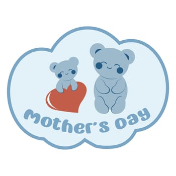 Cute blue teddy bear in kawaii style gives mom a heart. Minimalistic card with an inscription. Sticker. Mother's Day concept. Vector image.