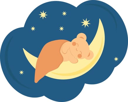 Cute little bear in kawaii style sleeps under a blanket on the moon on a blue background. Minimalistic universal card. Vector image.
