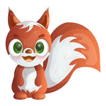 Cute cartoon little squirrel with big green eyes on a white background. Sticker, postcard. Vector image.
