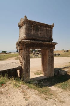 Raised, elevated Sarcophagus in the northern Necropolis of the Archaeological Site of Hierapolis, Pamukkale, Denizli, Turkey 2022