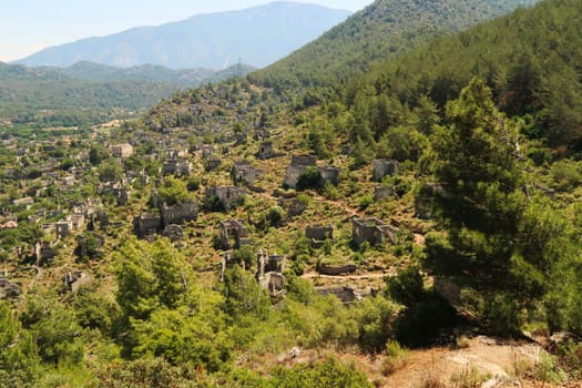 View from above on the abandoned village of Kayaköy, Livissi, close to Fethiye, Turkey 2022