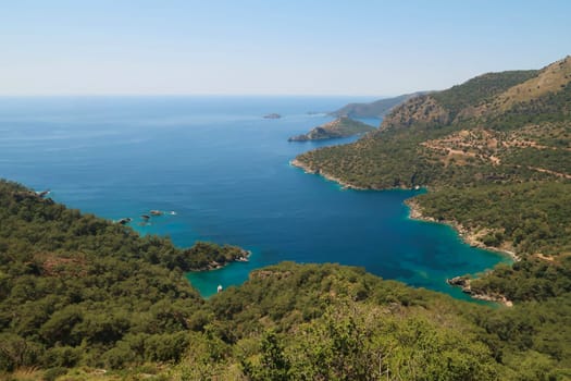 View onto Kalevezi Koyu Bay and Mersinli Koyu Bay, near Kayaköy, Fethiye, Turkey 2022