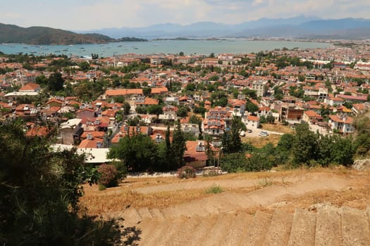 View onto the town of Fethiye from the rock-hewn, rock-cut ancient lycian tomb of Amyntas, Turkey 2022