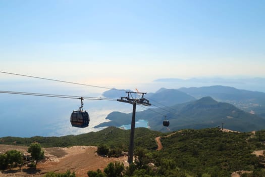 Spectacular view from the Babadag Mountain onto the coastline of Ölüdeniz with the cable car in the foreground, Ölüdeniz, Turkey 2022