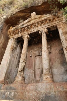 The rock-cut, rock-hewn ancient lycian tomb of Amyntas in former Telmessos, close to nowadays Fethiye, Turkey 2022
