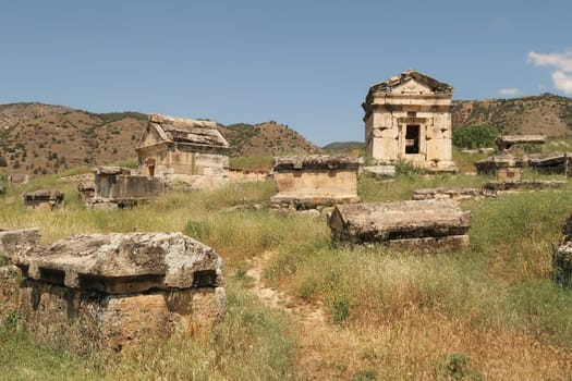 Group of tombs and sarcophagus sarcophagi at the northern Necropolis of the ancient site of Hierapolis, Pamukkale, Denizli, Turkey 2022