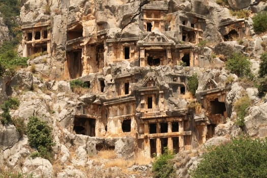 The fascinating rock hewn, rock cut lycian tombs at the ancient site of Myra, close to Demre, Turkey 2022