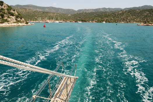 Kekova boat tour, leaving the small harbor of Demre on the turquoise water, Demre, Turkey 2022