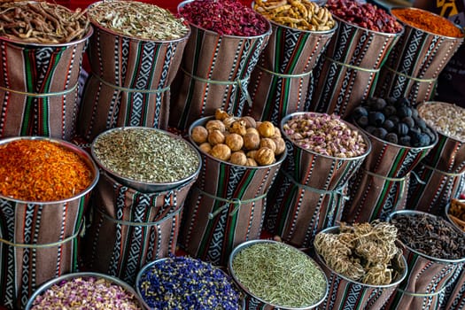 Variety of spices and herbs on Souq Muttrah, Muscat, Oman.