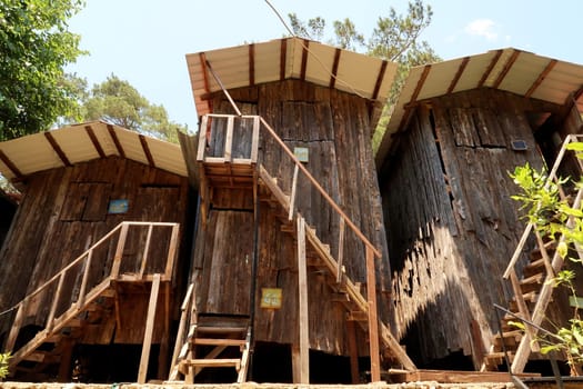 Tree houses, cabins, huts on stilts close to the ancient site of Olympus, Olympos, close to Antalya, Turkey 2022